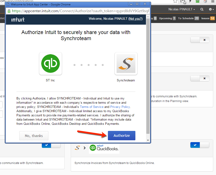 QuickBooks connector settings Synchroteam