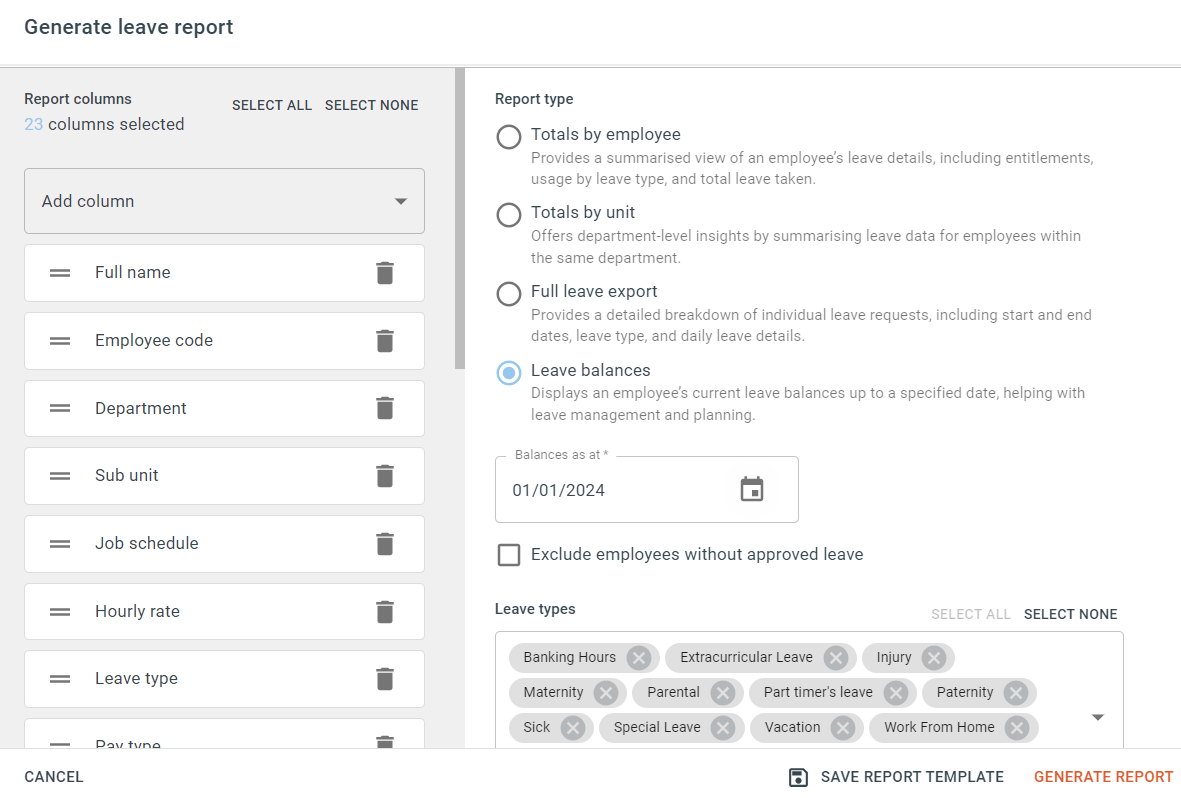 Leave Filters & Reports Talexio