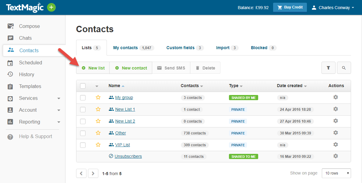 Organize contacts into Lists TextMagic