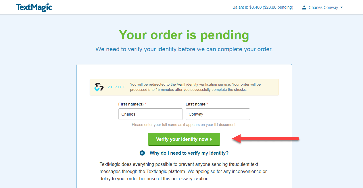 Verify your identity after making a purchase TextMagic