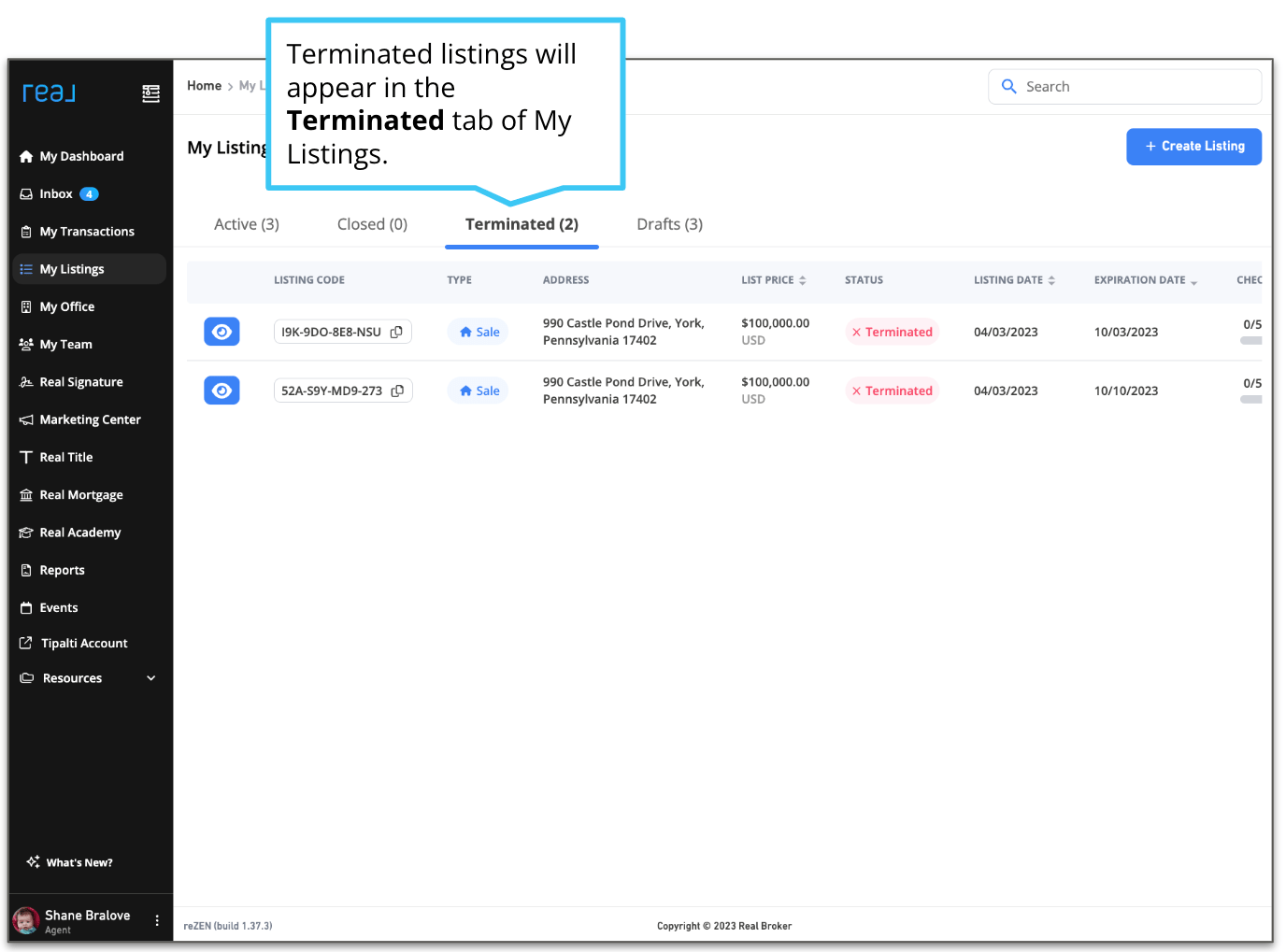 How to terminate a listing Real