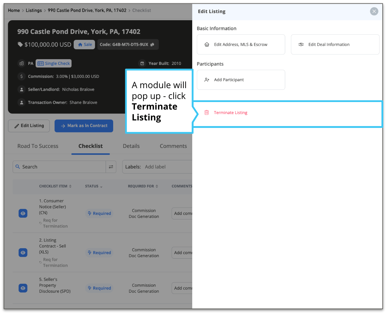 How to terminate a listing Real