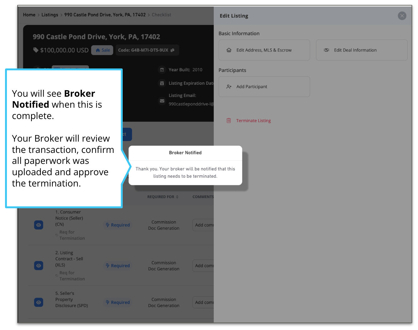 How to terminate a listing Real