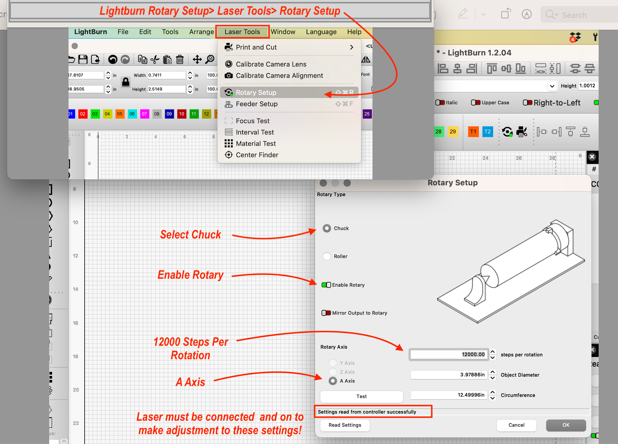 Chuck Rotary Setup and Usage in Lightburn (Nova/Odin)