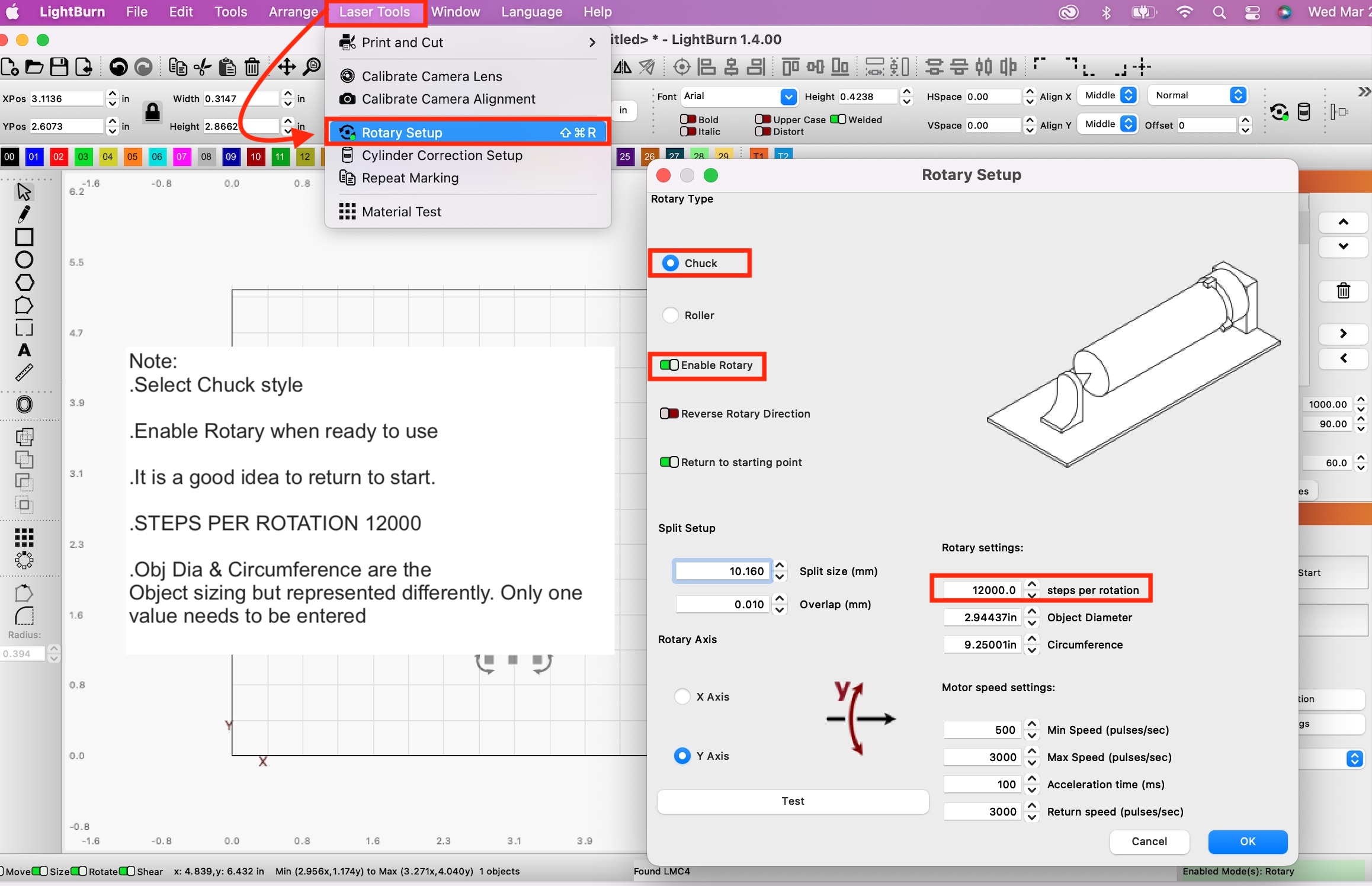 Chuck Rotary Setup and Usage in Lightburn (AURORA)