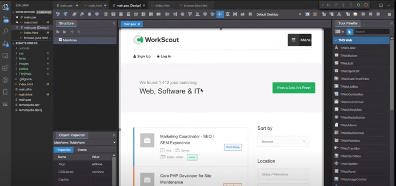 templates html preview at design time delphi form designer TMS WEB