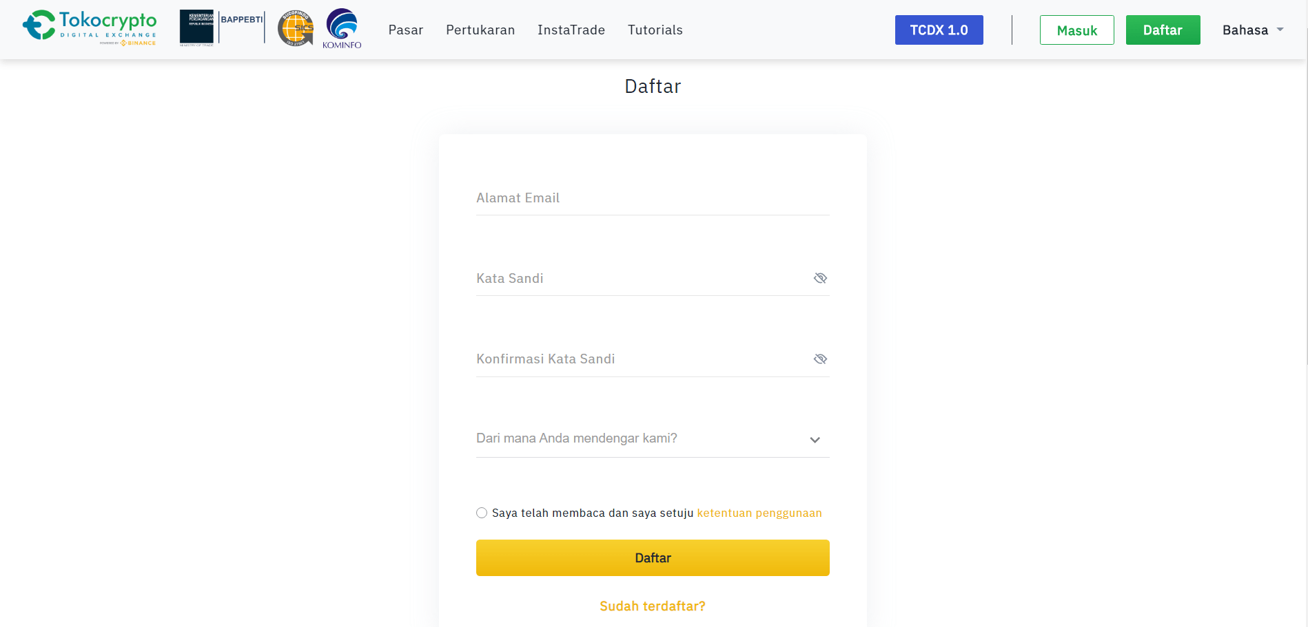 Bagaimana cara mendaftar akun baru Tokocrypto