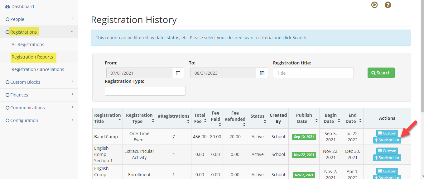 Viewing Student List for a registration Total Registration Support