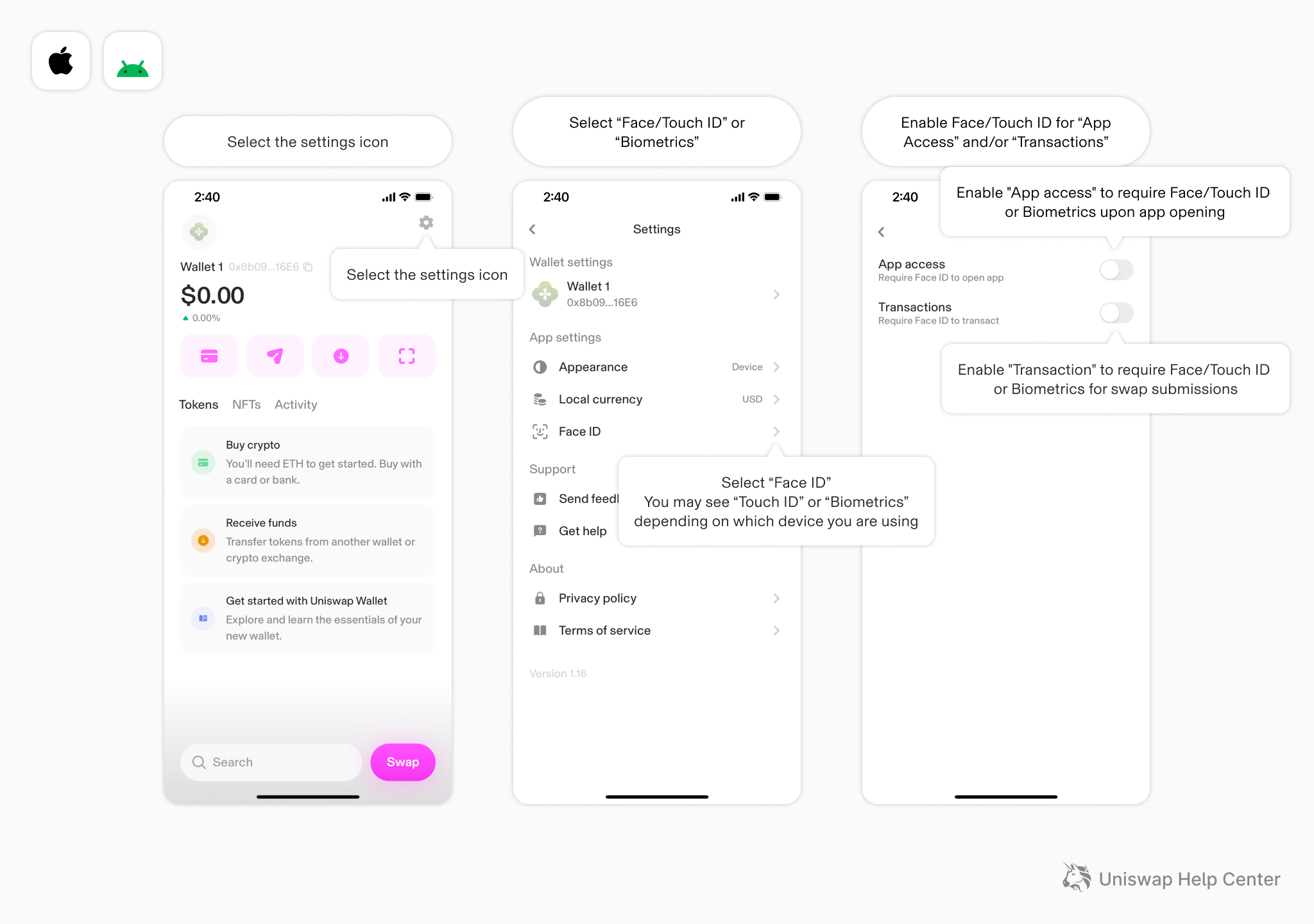 How do I set up Face ID, Touch ID, or Biometrics in the Uniswap Wallet