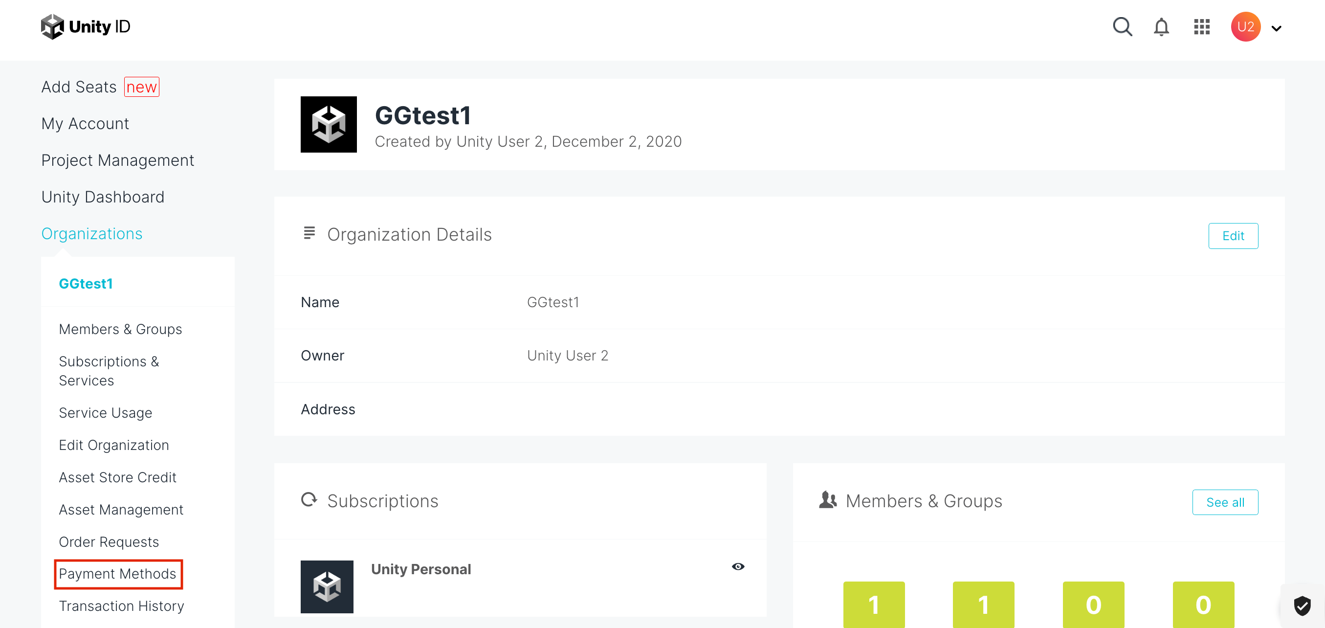 How do I change or update the payment method on my account? Unity