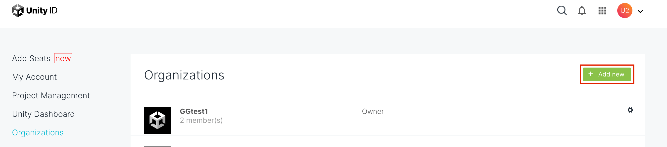 How do I create a new Unity organization? Unity