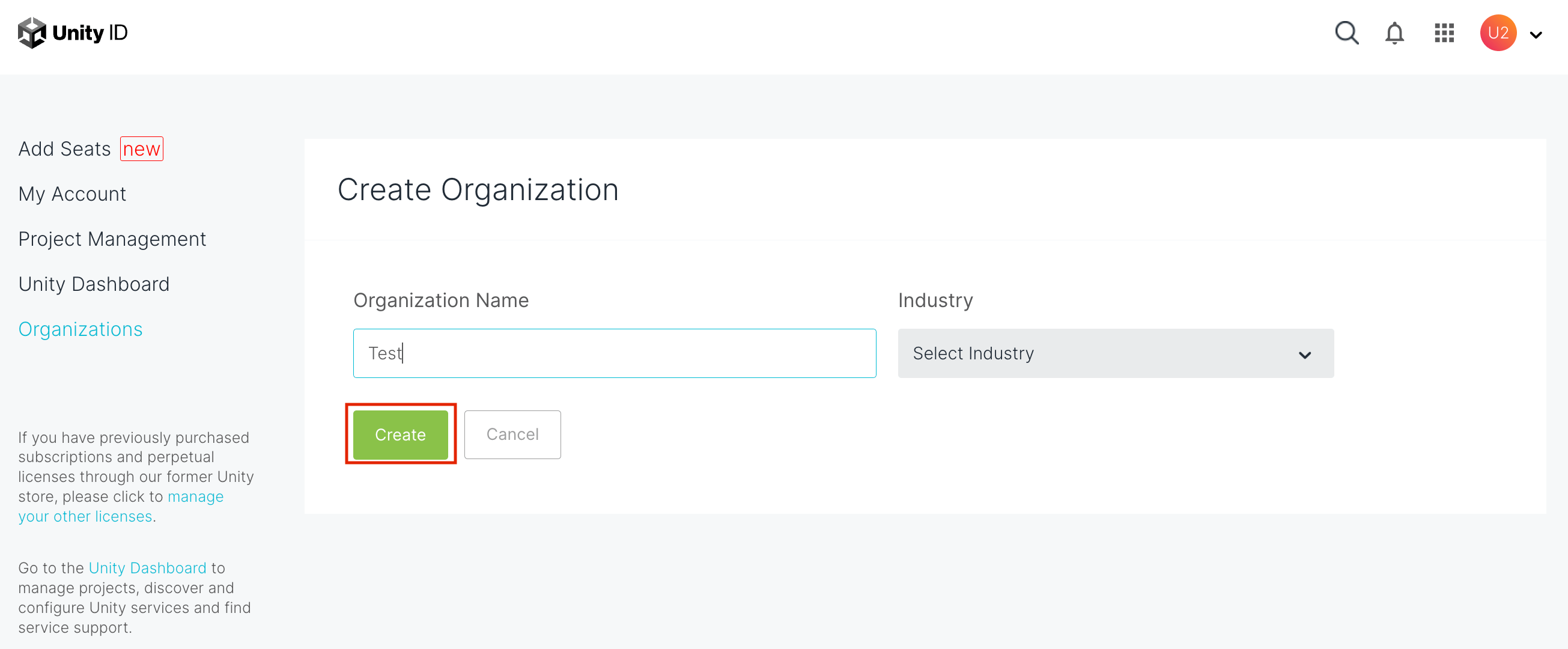 How do I create a new Unity organization? Unity