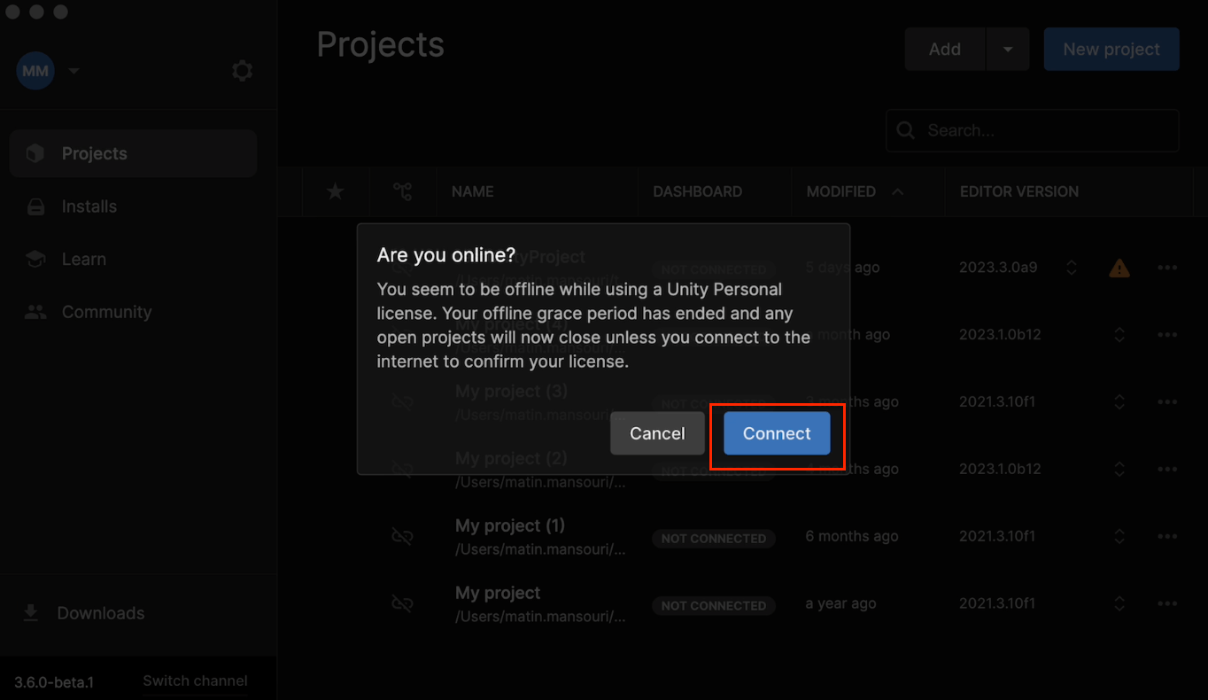 I see the error ‘You seem to be offline while using a Unity Personal