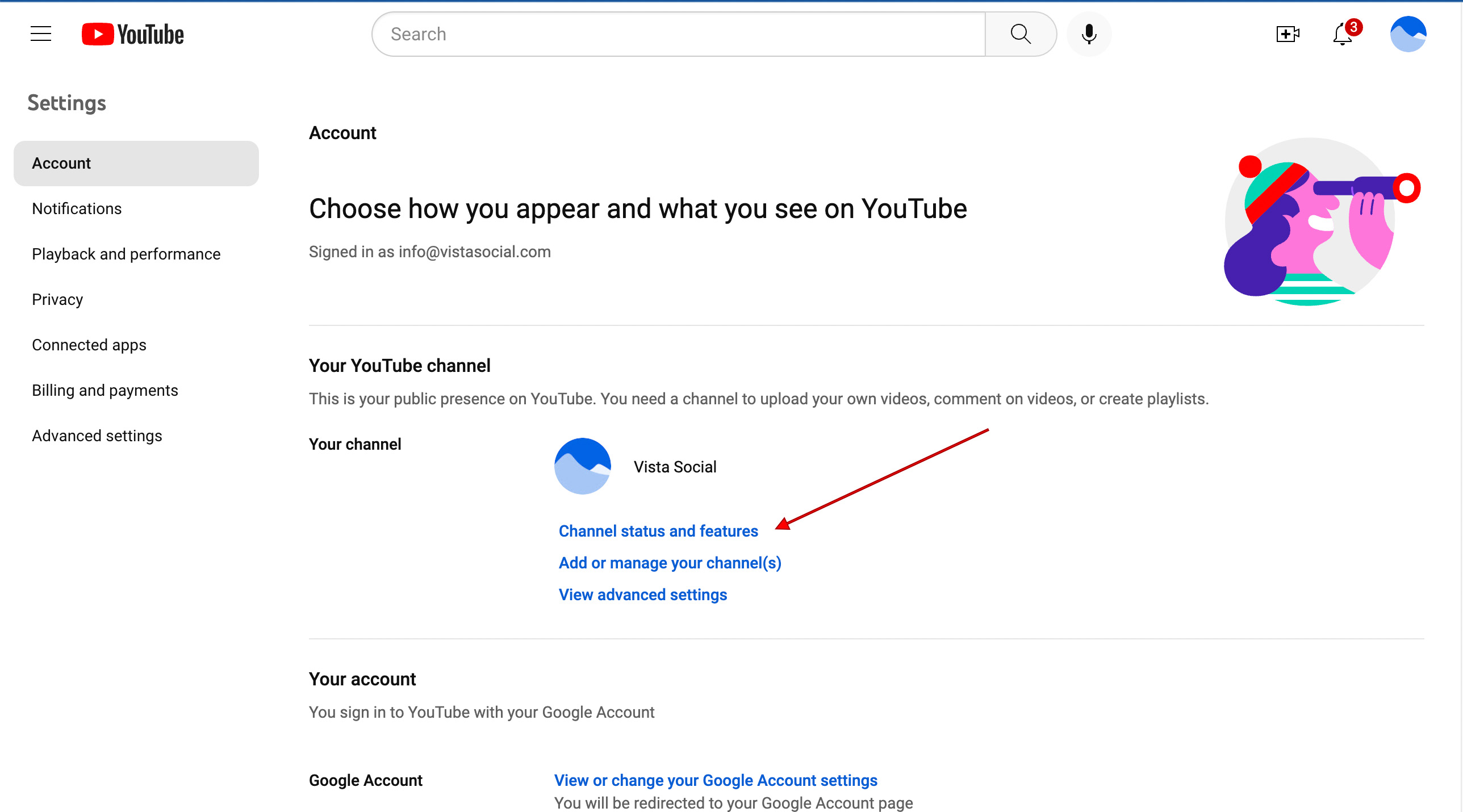 YouTube enable intermediate and advanced features Vista Social