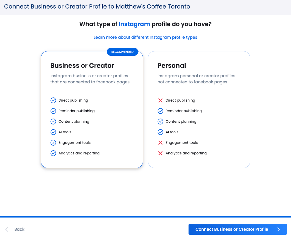 Instagram profile types explained Business, Creator, Personal Vista