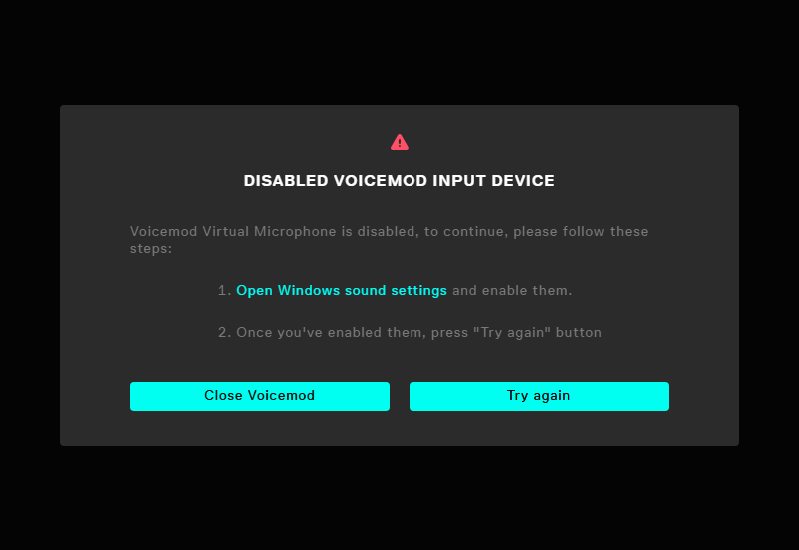 Disabled Voicemod Device warning Voicemod Help Center