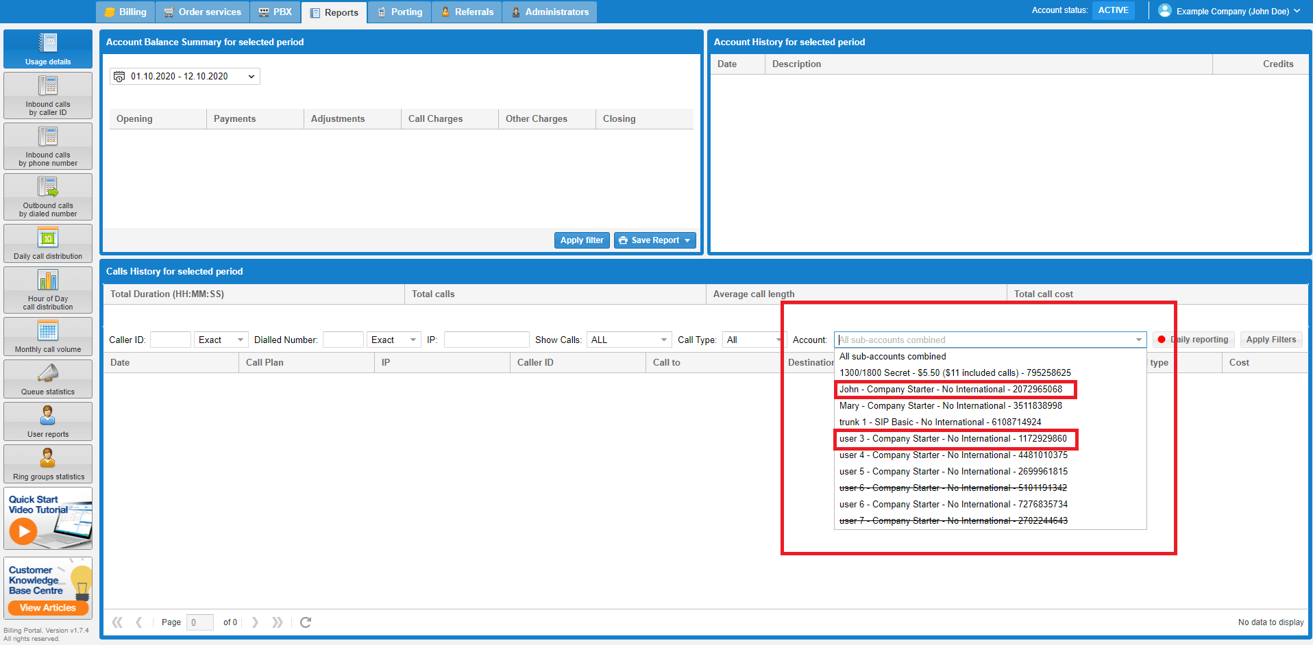 Call Account Usage Reporting Knowledge base centre