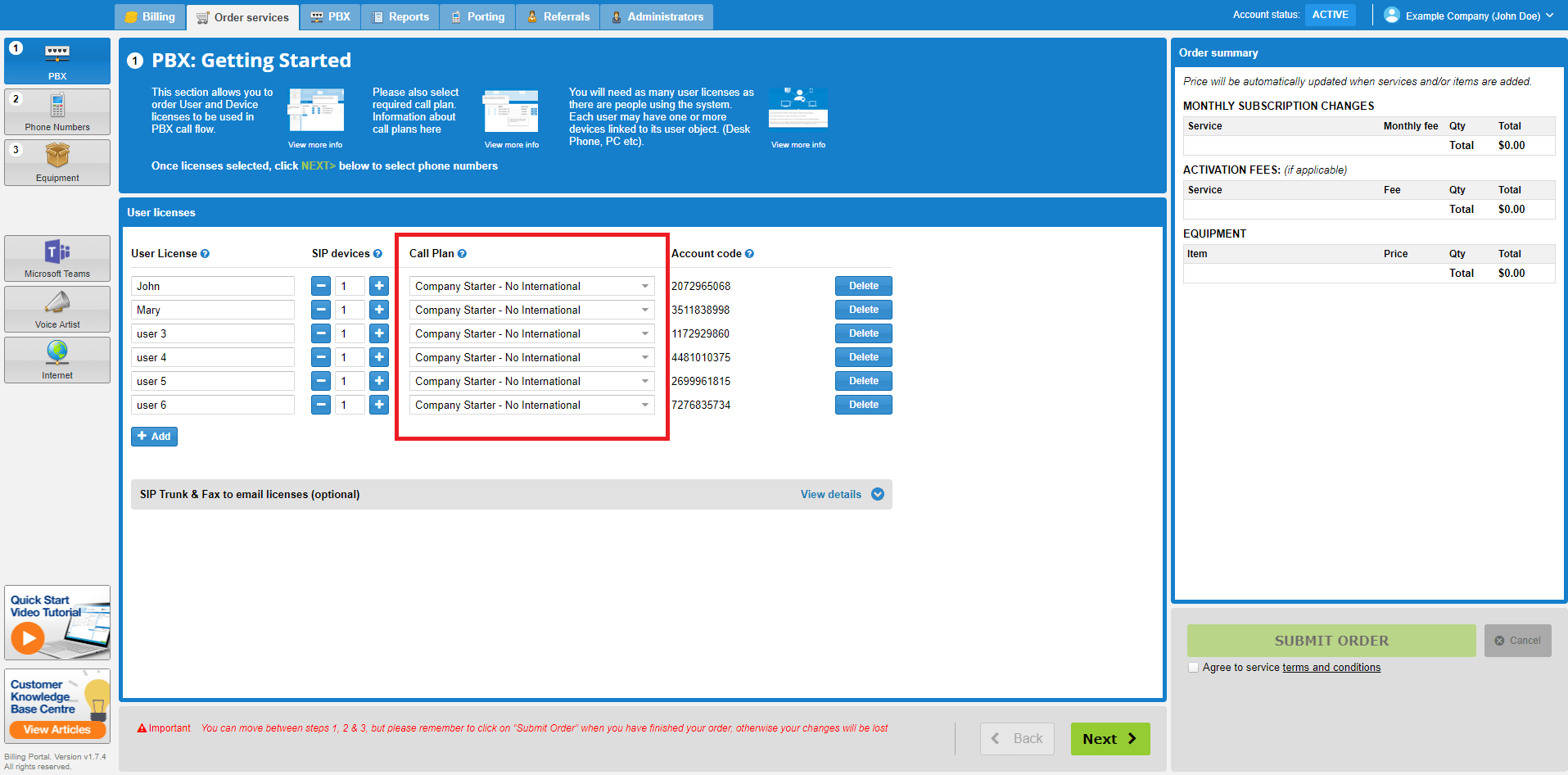 Call Account Usage Reporting Knowledge base centre