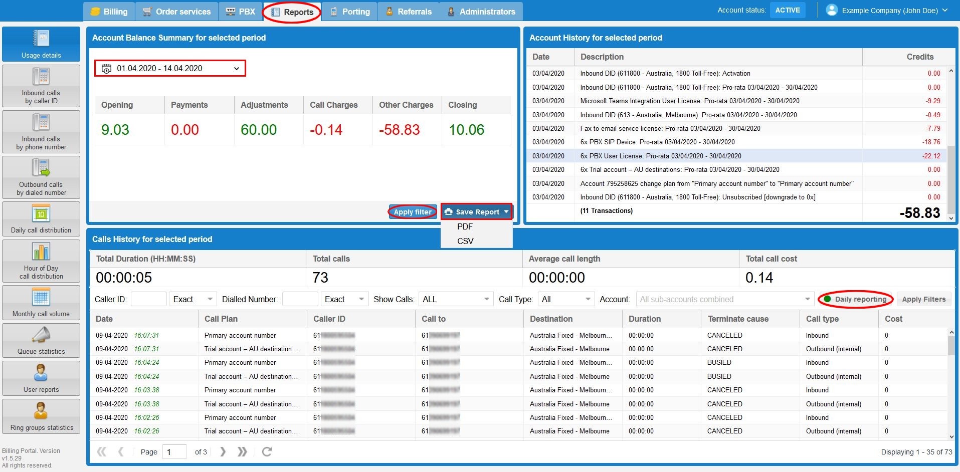 Call Account Usage Reporting Knowledge base centre