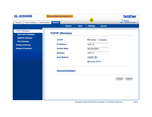 Set Brother QL820NWB Printer to IPv6 VPass Support