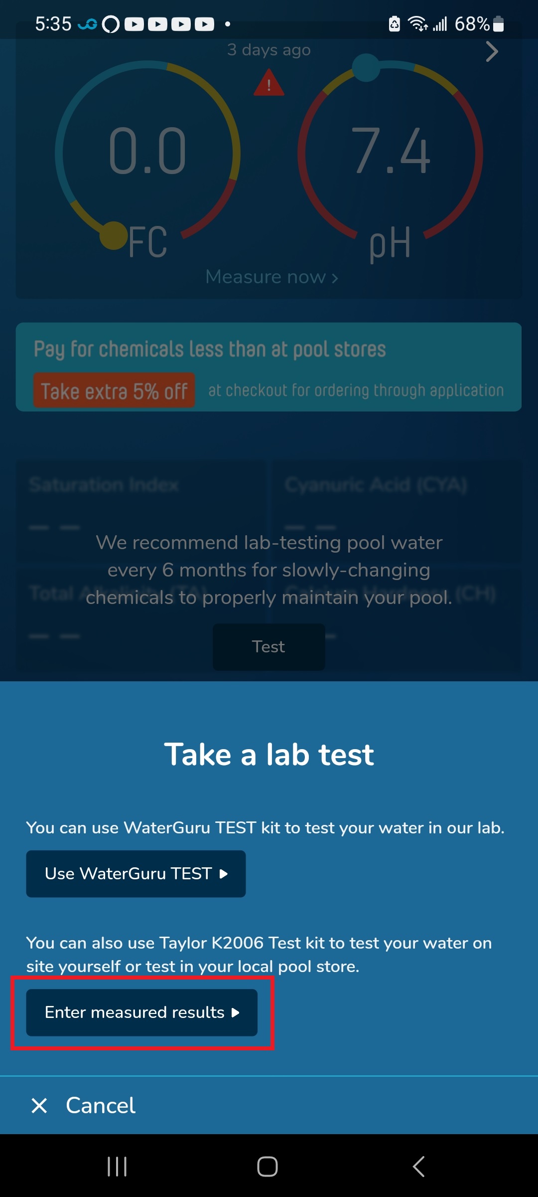 How do I manually enter my TEST results in the WaterGuru App? WaterGuru