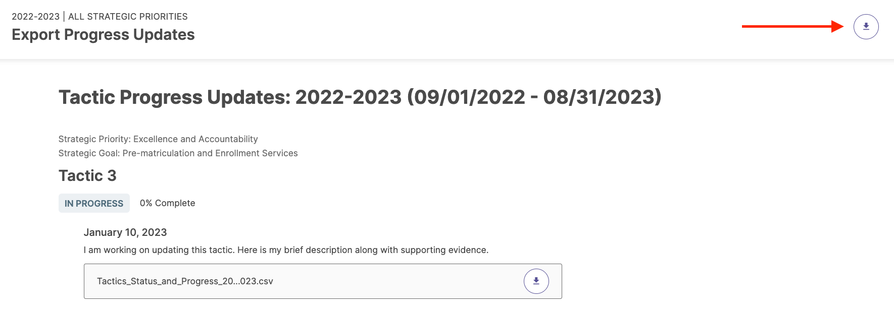 Administrator View of Strategic Plan Progress & Export Options Watermark