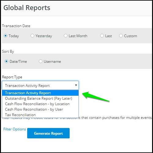 How do I get a detailed Transaction wise report for all my events