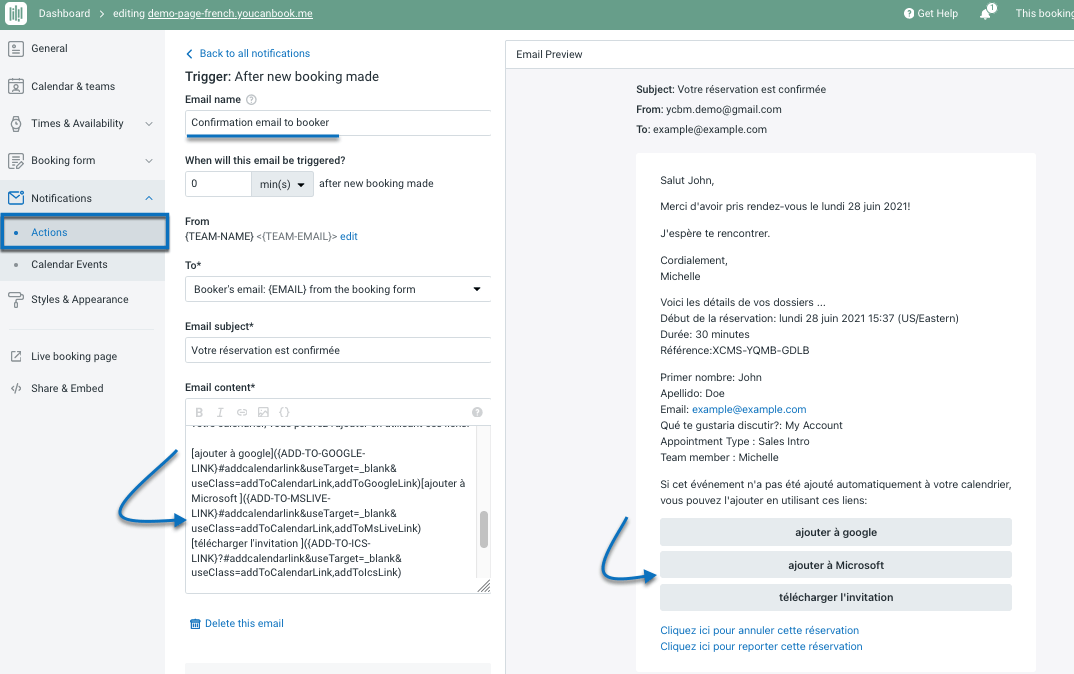 Using Add to Calendar buttons in Notifications YouCanBookMe