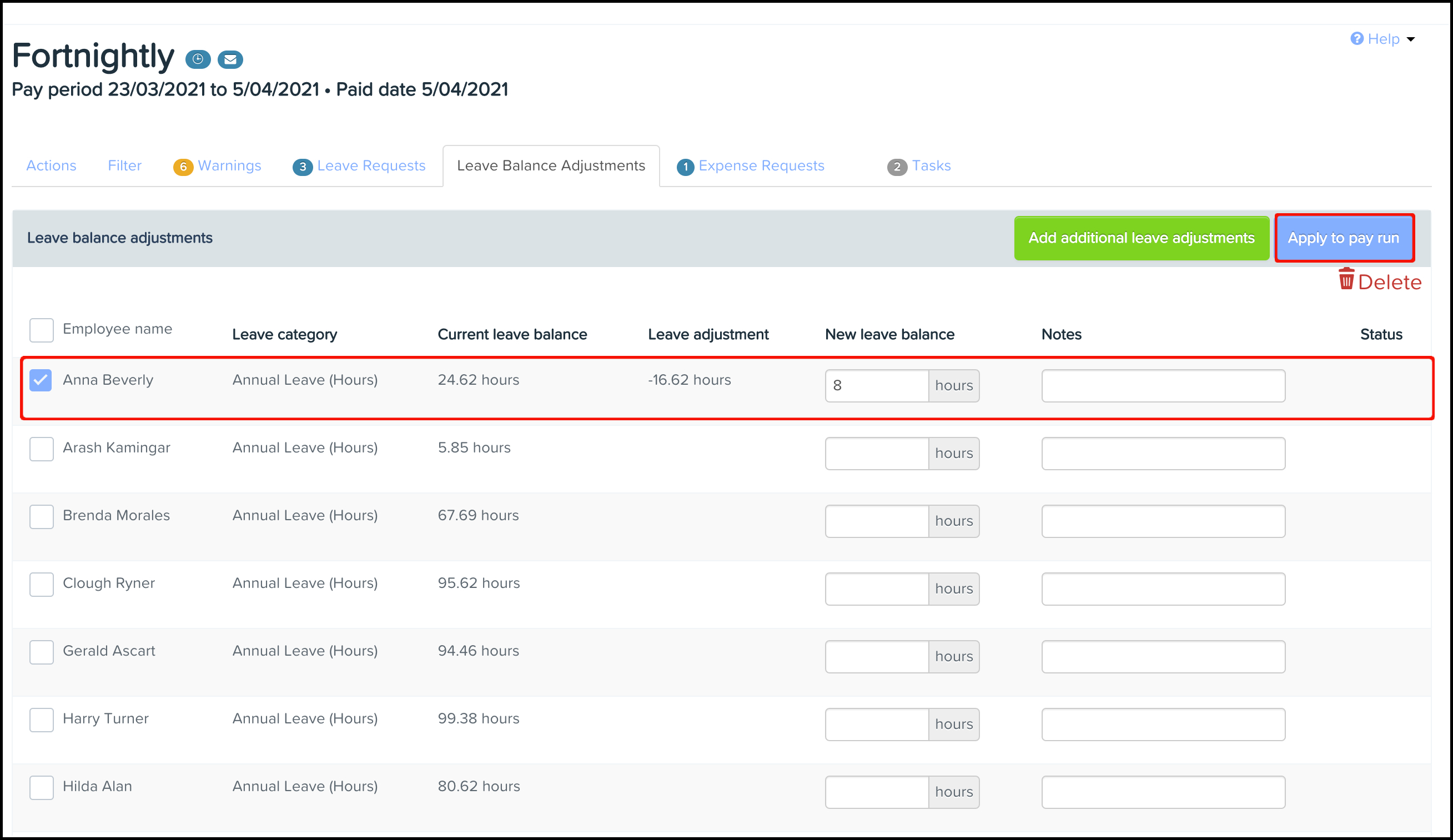 How to allow a user to bulk update employee leave balances in a pay run