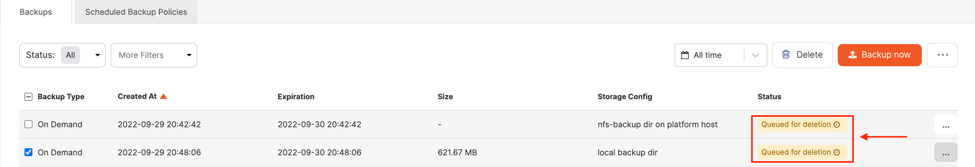 What does Queued for deletion means while performing delete backup in