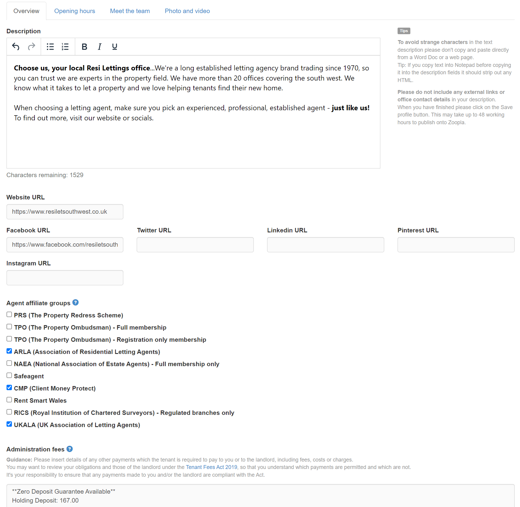 Publishing fees and scheme information compliance on Zoopla Zoopla