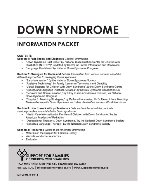 Down Syndrome Info Packet Support for Families Down Syndrome Info Packet Support for Families