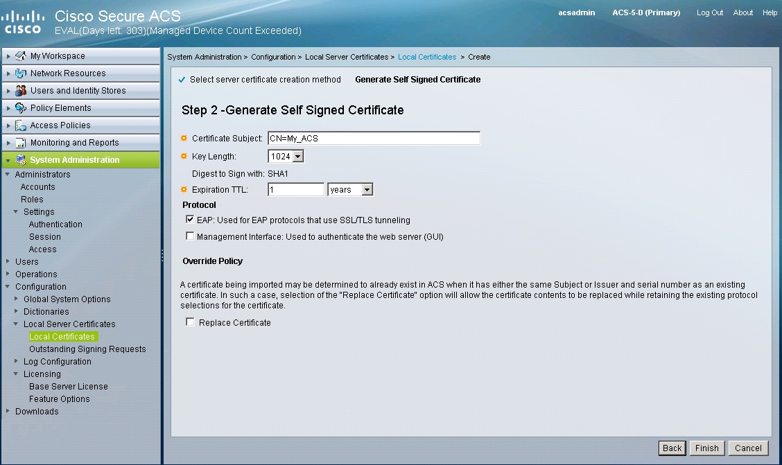 How to Generate Self Signed Certificate on ACS 5.1 for PEAP