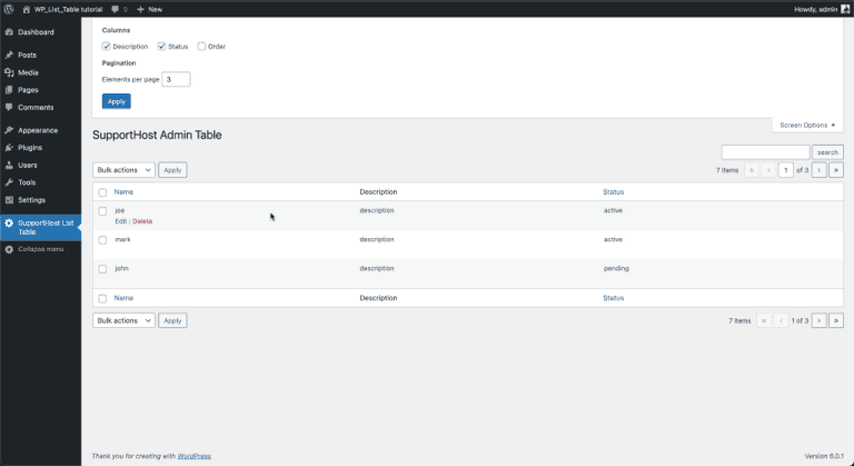 WP_List_Table tutorial SupportHost
