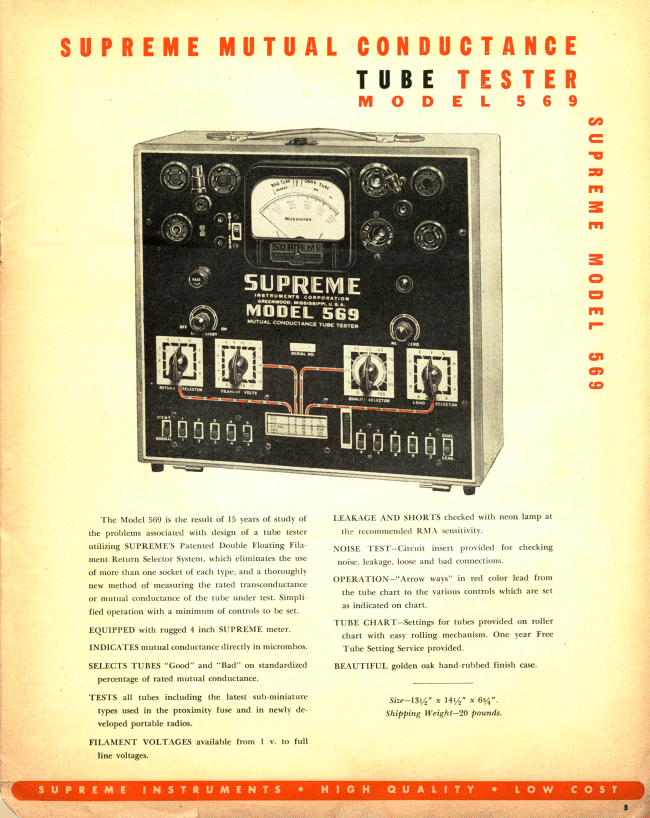 Supreme Instrument Corp. 1946 Product Catalog 569 Tube Tester