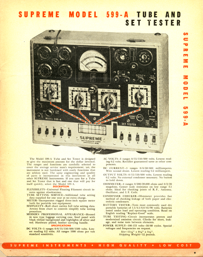Supreme Instruments Corp. 1946 Product Catalog 599A Tube and Set Tester