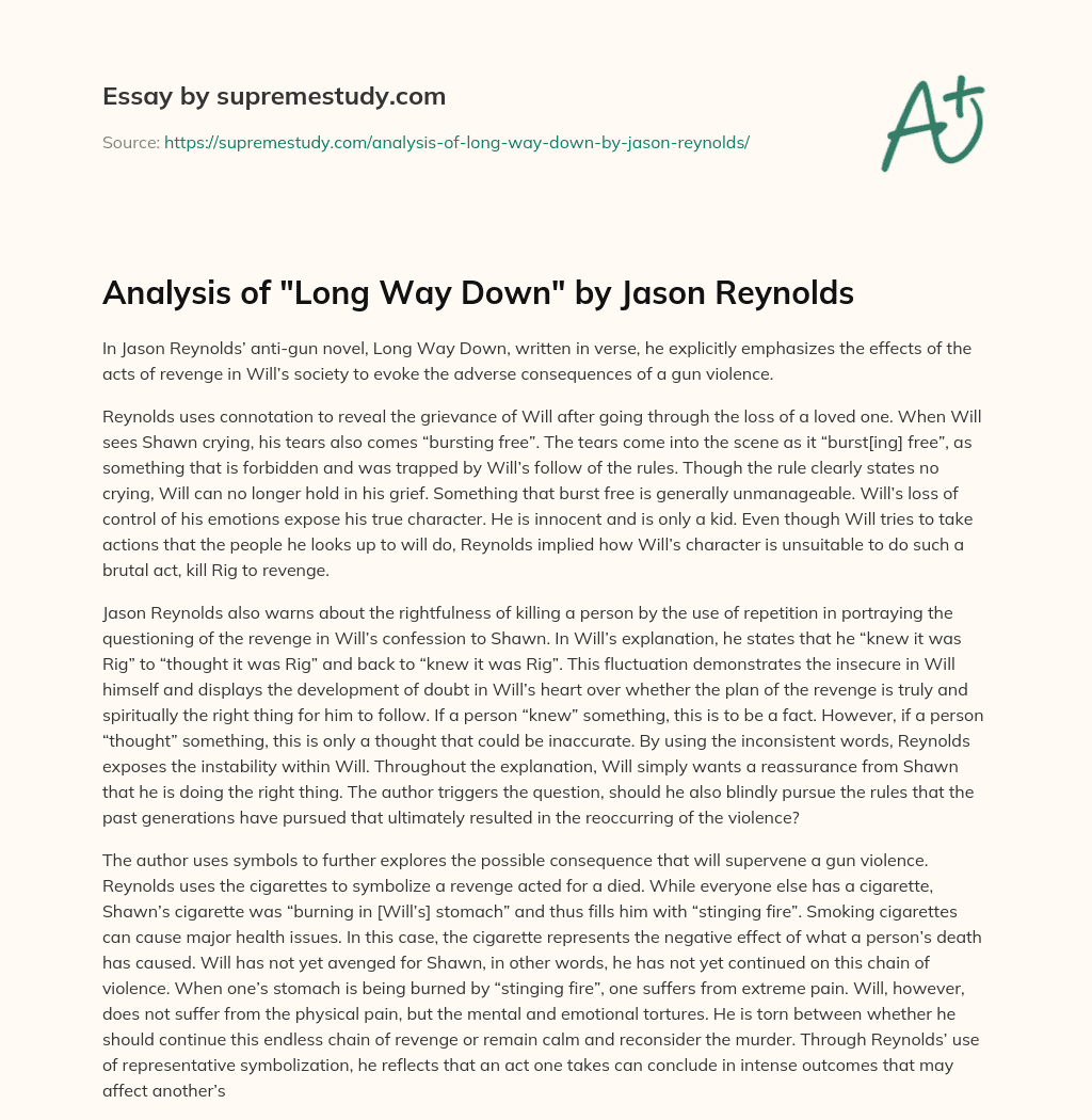 Analysis of "Long Way Down" by Jason Reynolds Free Essay Example