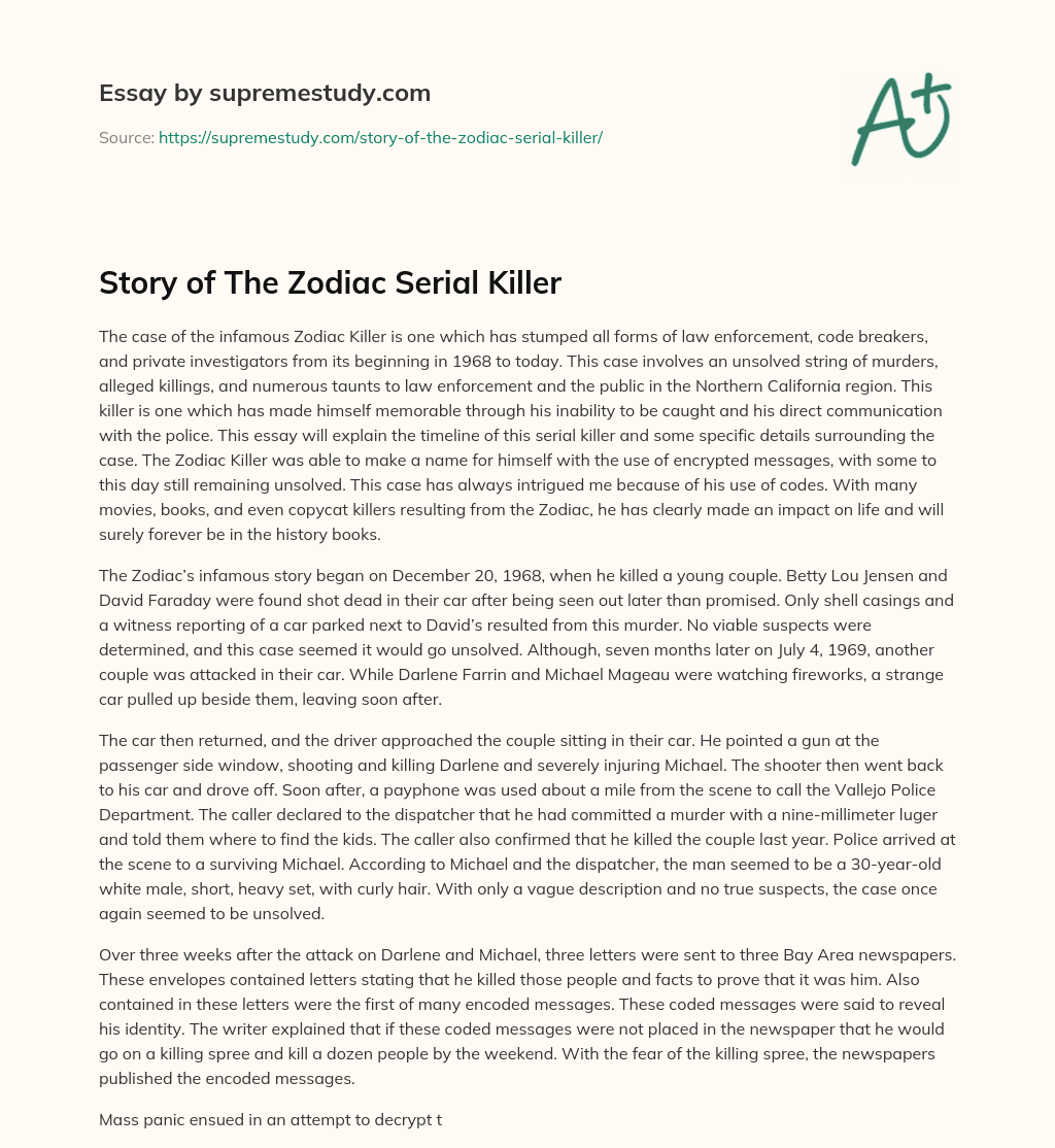 Story of The Zodiac Serial Killer Free Essay Example 1517 Words