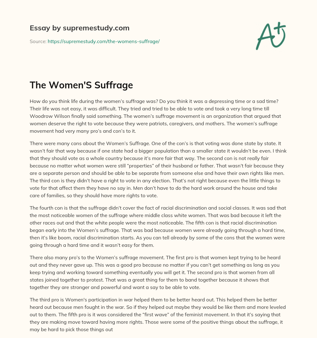 The Women'S Suffrage Free Essay Example 647 Words SupremeStudy