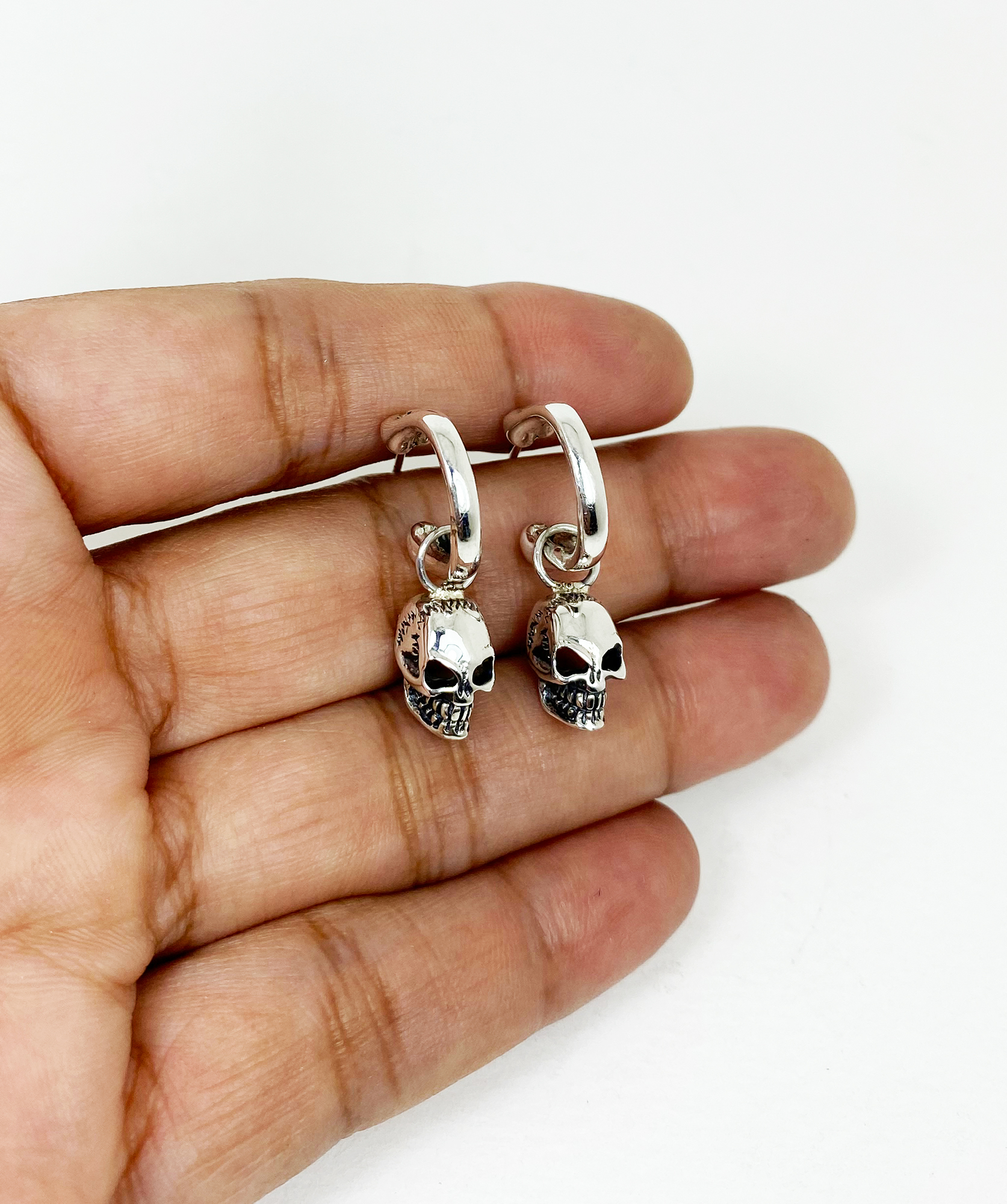 Men Silver Stitched Skull Earrings, Wounded Skull Jewelry Sup Silver