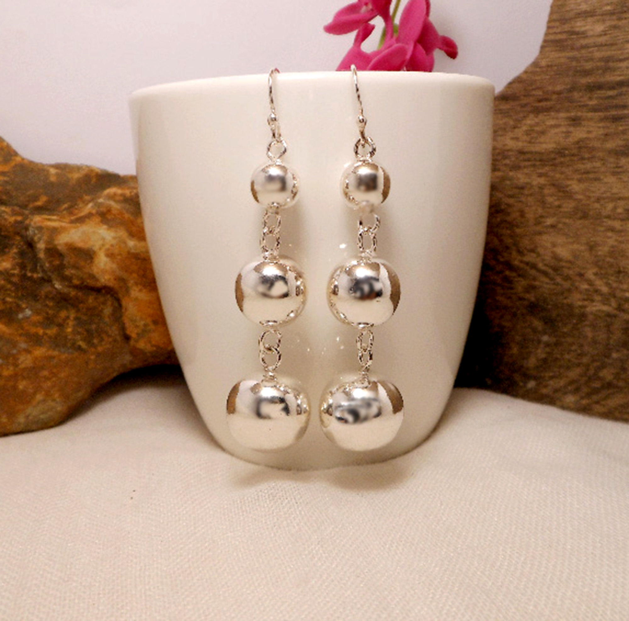Sup Silver Triple Ball Dangle Earrings, Womens Tapered Earrings Sup