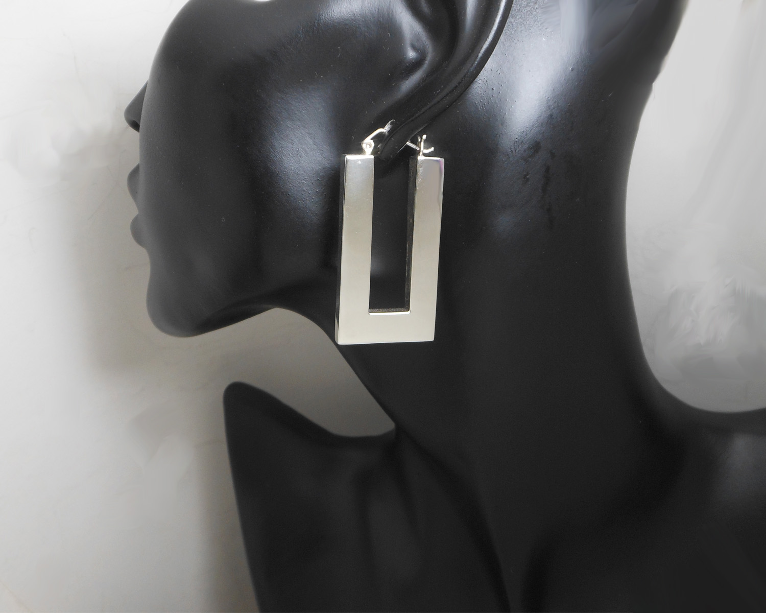 Sup Silver Flat Rectangle Hoop Earrings, 925 Sterling Silver, Rectangle