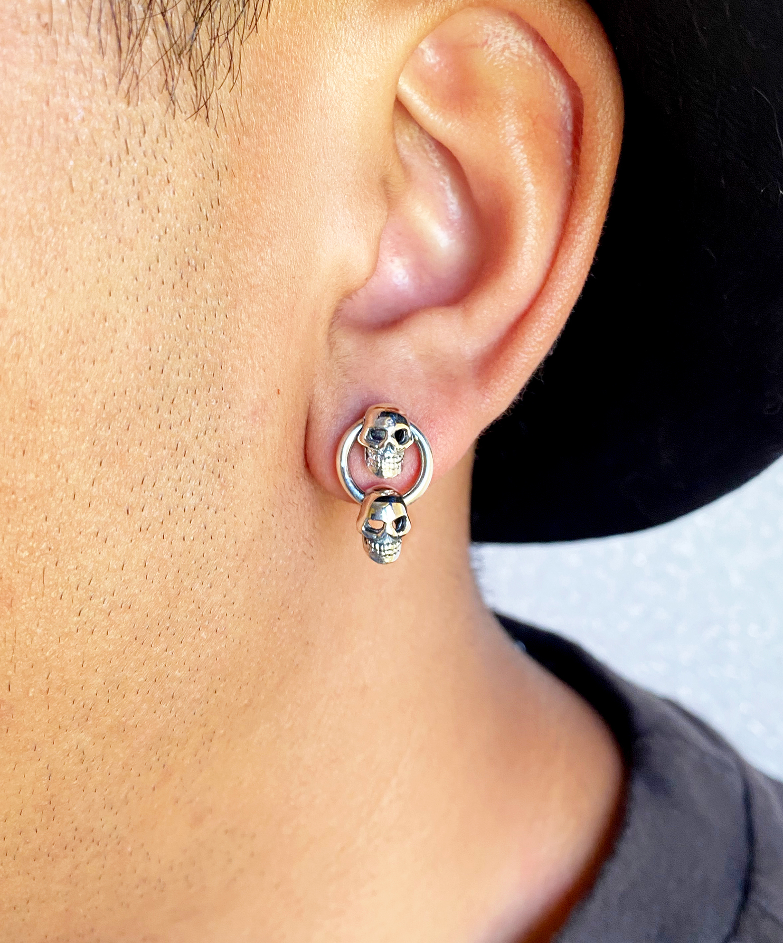 Double Skull Stud Earrings, Mens Halloween Earrings Sup Silver Sup