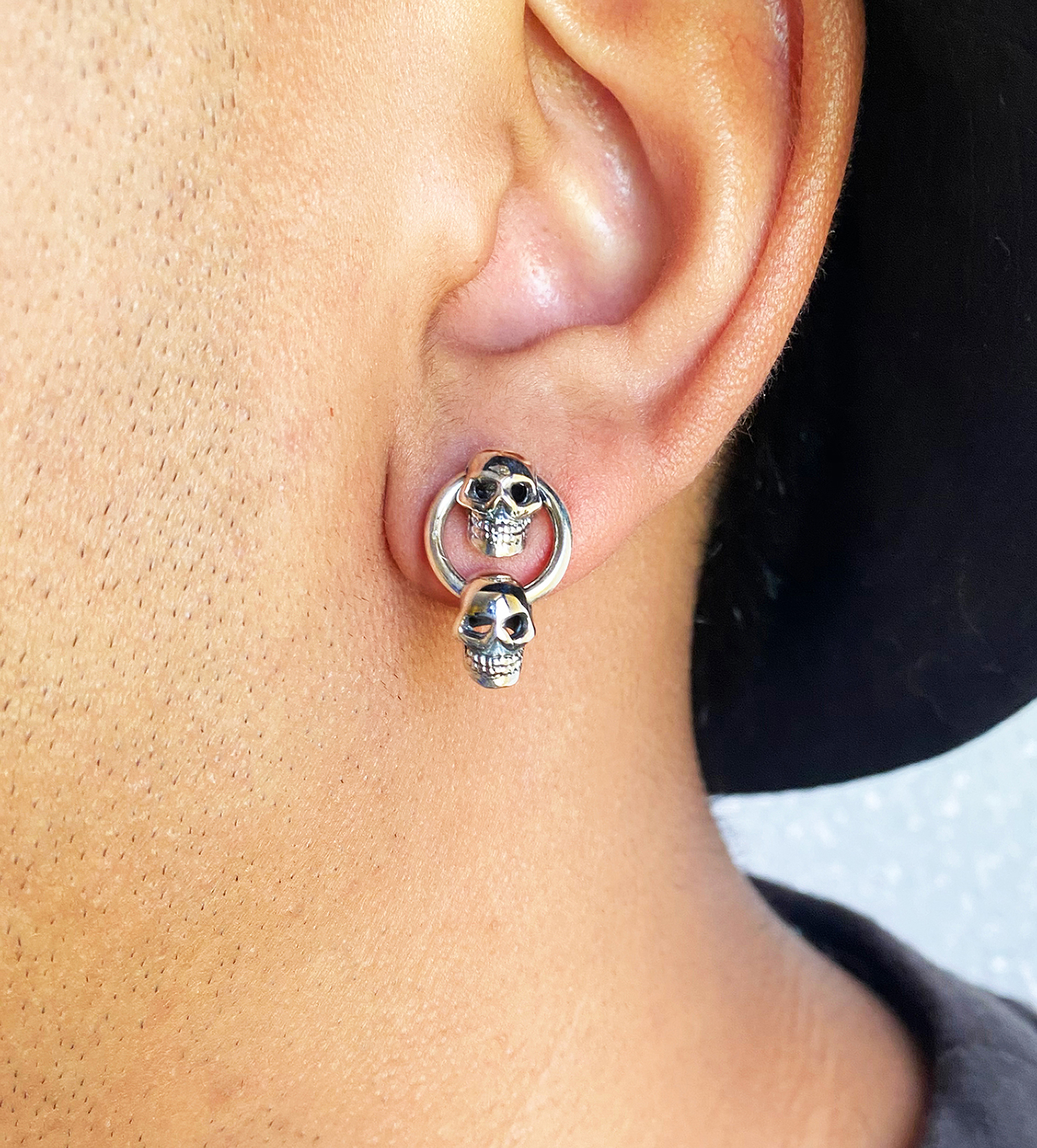 Double Skull Stud Earrings, Mens Halloween Earrings Sup Silver Sup