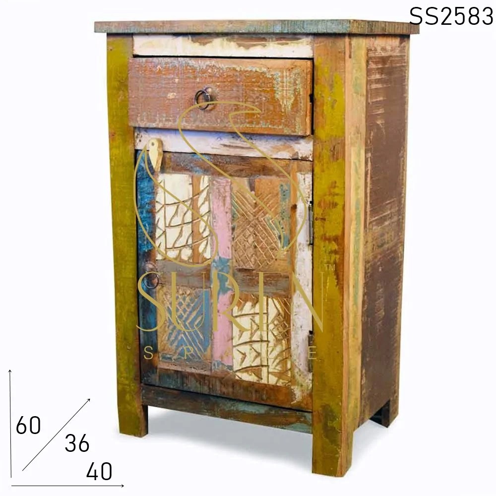 Old Indian Wood Multicolored Farm House Side Table Furniture Manufacturer