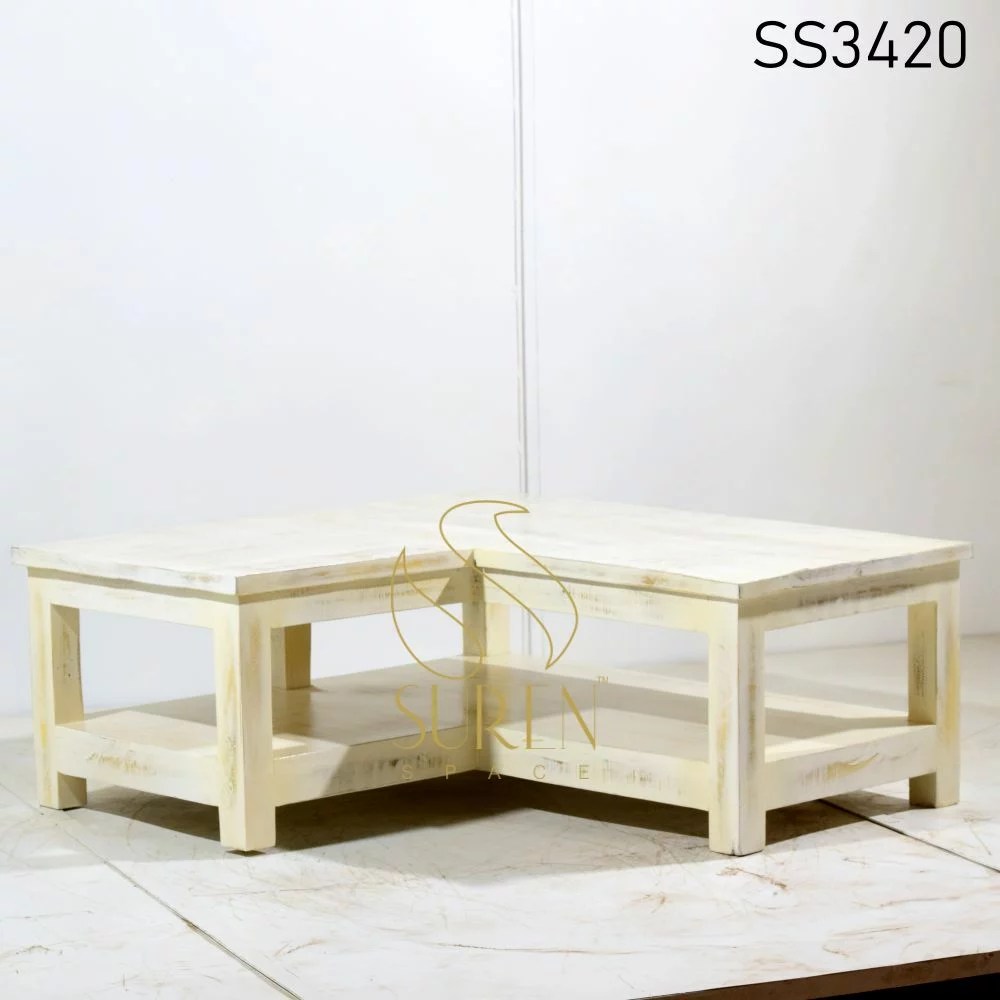 L Shape Mango Ruff White Distress Center Table Furniture Manufacturer