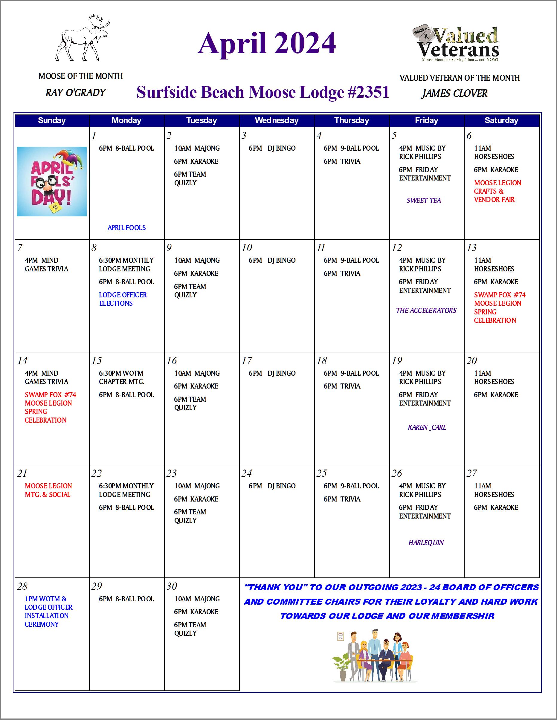 Calendar Surfside Beach Moose Lodge 2351