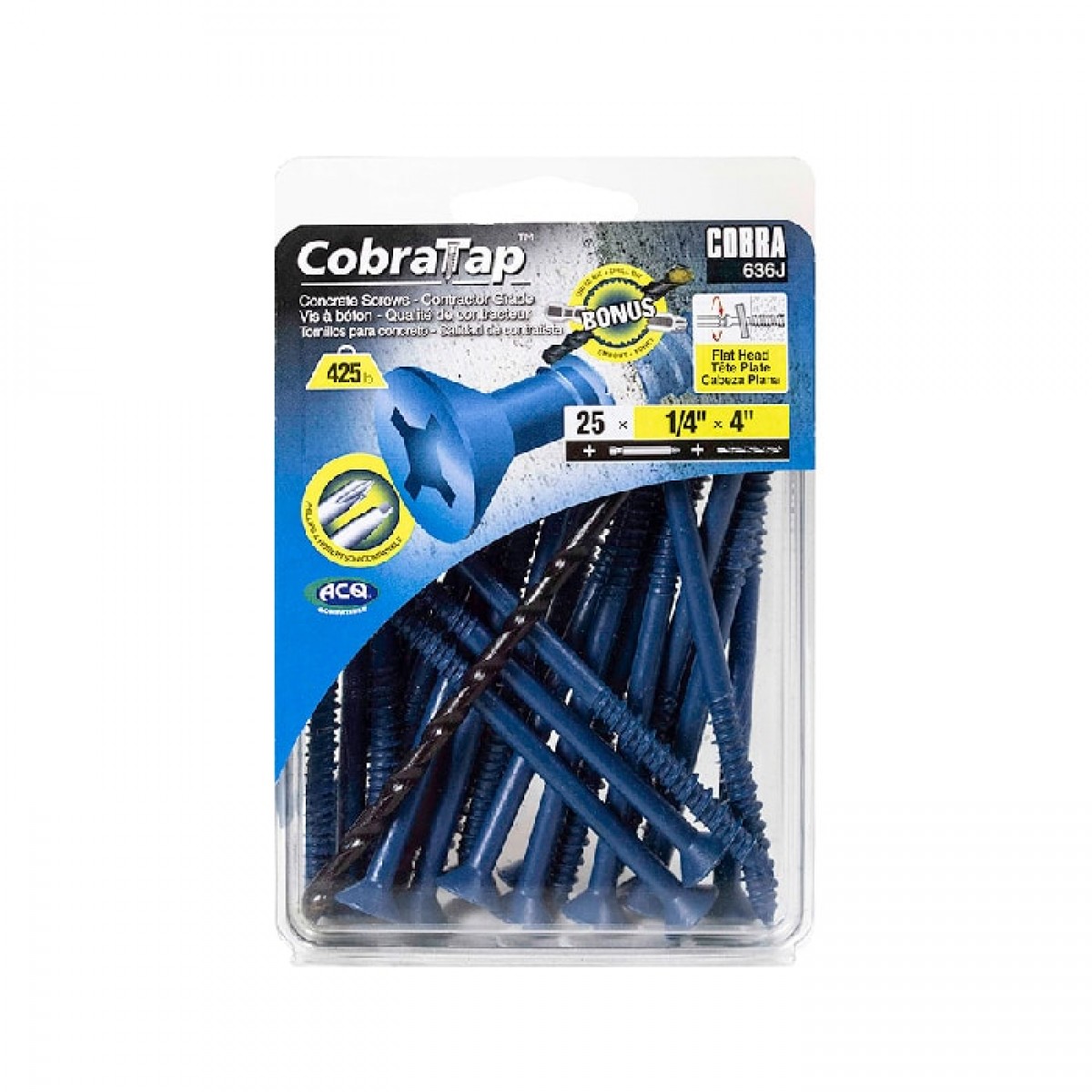 CobraTap Pack of 25 Concrete Screws Flat Head 1/4 in x 4 in Drill Bite