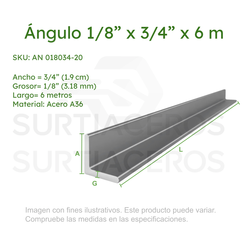 Ángulo 1/8″ x 1-1/4″ x 6MTS (Acero A36) – Surtiaceros