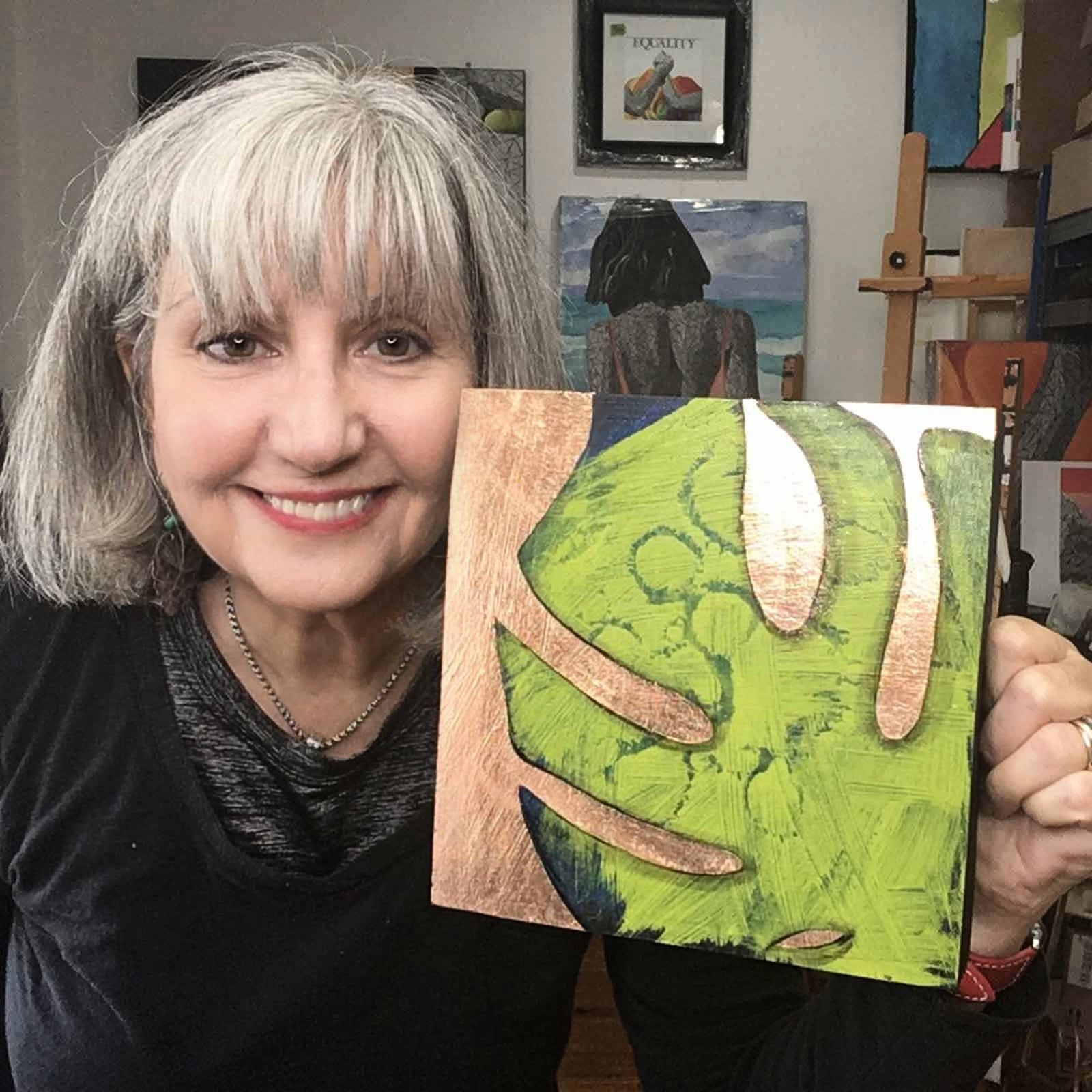 Copper Leaf Painting Monstera Leaf by Susan Clifton 8"x8"